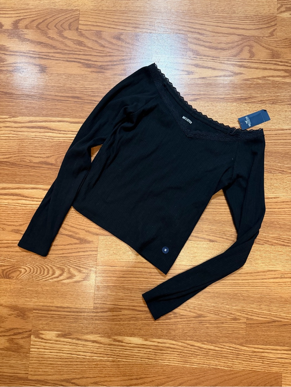 Hollister Black Ribbed Off-Shoulder Long Sleeve Top with lace accent,  medium